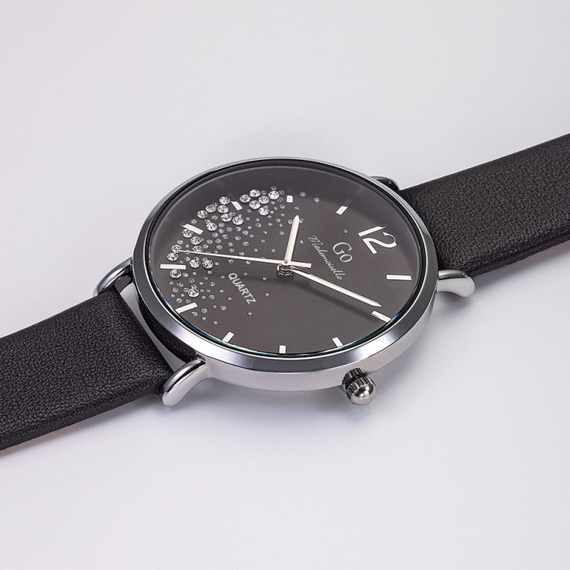 MONTRE GO GIRL ONLY BRACELET CUIR NOIR BOITIER ARGENTE CADRAN NOIR AVEC STRASS