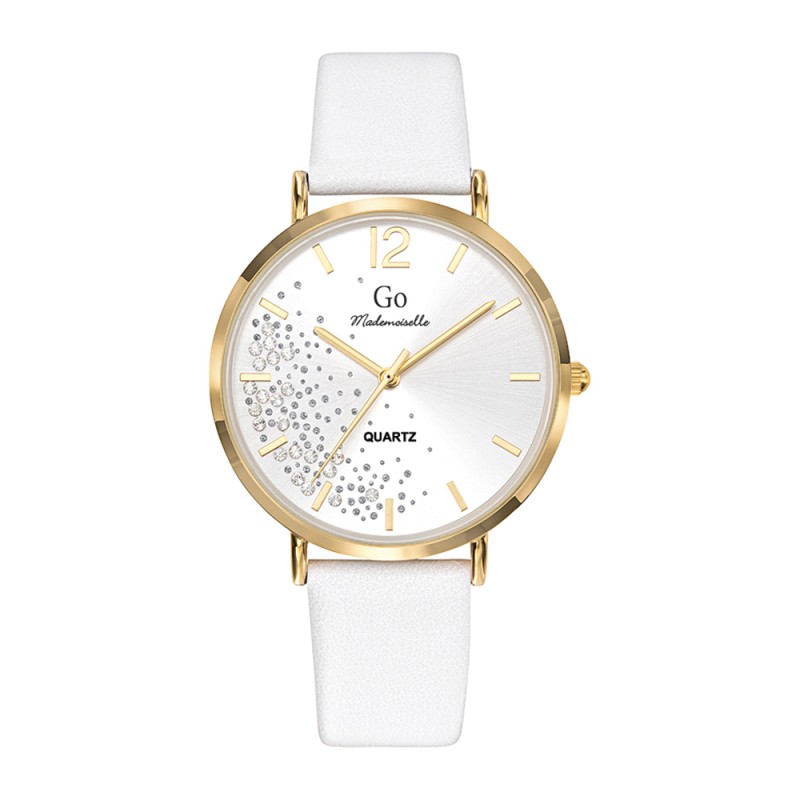 MONTRE GO GIRL ONLY BRACELET CUIR BLANC BOITIER DORE CADRAN ARGENTE AVEC STRASS