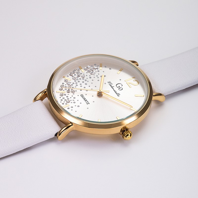 MONTRE GO GIRL ONLY BRACELET CUIR BLANC BOITIER DORE CADRAN ARGENTE AVEC STRASS