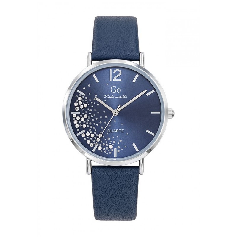 MONTRE GO GIRL ONLY BRACELET CUIR BLEU MARINE BOITIER ARGENTE CADRAN BLEU MARINE AVEC STRASS