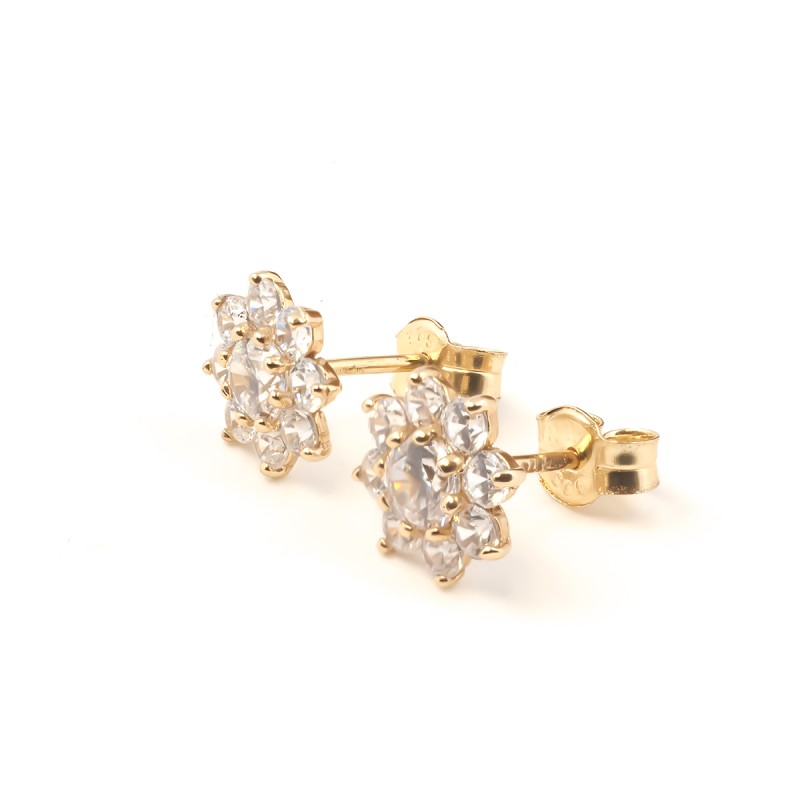 BOUCLES D'OREILLES CLOUS CARADOR EN OR JAUNE 375/000 ET OXYDES FORME FLEURS
