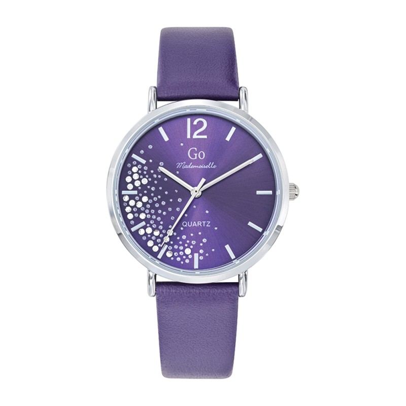MONTRE GO GIRL ONLY BRACELET CUIR VIOLET BOITIER ARGENTE CADRAN VIOLET AVEC STRASS