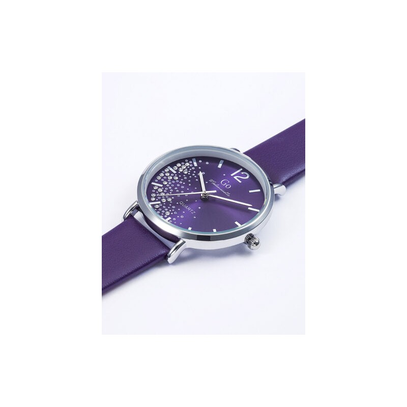 MONTRE GO GIRL ONLY BRACELET CUIR VIOLET BOITIER ARGENTE CADRAN VIOLET AVEC STRASS