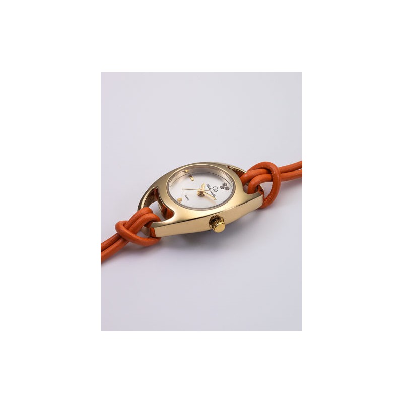 MONTRE GO BRACELET BRINS CUIR ORANGE BOITIER DORE