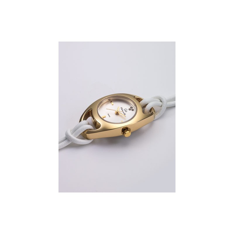 MONTRE GO BRACELET BRINS CUIR BLANC BOITIER DORE