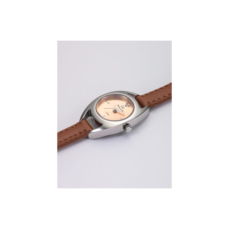 MONTRE GO GIRL ONLY BRACELET CUIR MARRON AVEC SURPIQURES BOITIER ARGENTE CADRAN ROSE