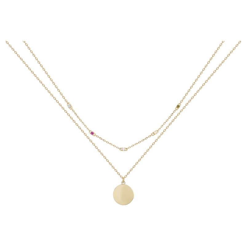 Collier fantaisie doubles chaînes femme carador en plaqué or avec oxydes de zirconium multicolores et une pastille pendante