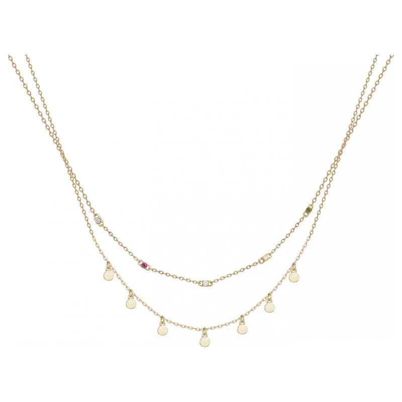 Collier fantaisie doubles chaînes femme carador en plaqué or avec oxydes de zirconium et pampilles suspendues