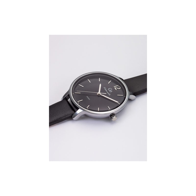 MONTRE GO MADEMOISELLE BRACELET CUIR NOIR BOITIER ARGENTE CADRAN NOIR