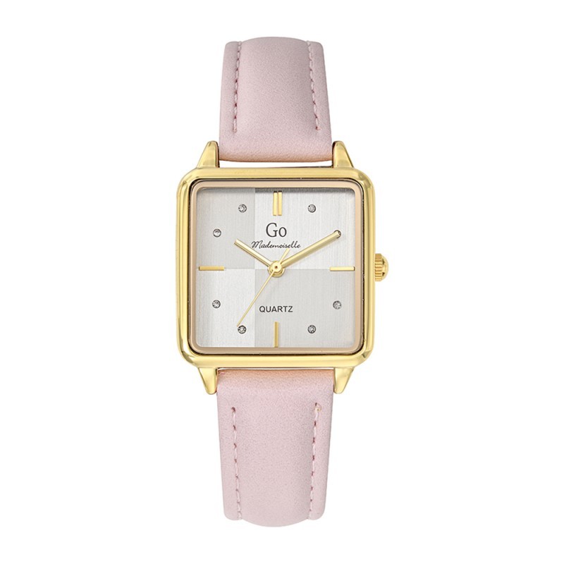 MONTRE  GO MADEMOISELLE BRACELET CUIR ROSE AVEC SURPIQURESBOITIER CARRE DORE CADRAN ARGENTE