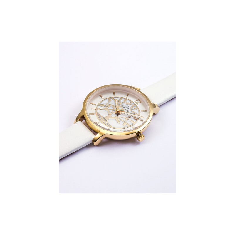 MONTRE GO MADEMOISELLE BRACELET CUIR BLANC  CADRAN BLANC AVEC ARBRE DE VIE DORE