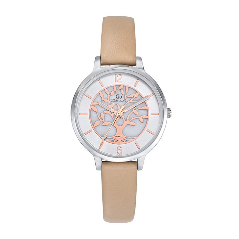 MONTRE GO MADEMOISELLE BRACELET CUIR BEIGE CADRAN BLANC AVEC ARBRE DE VIE DORE ROSE