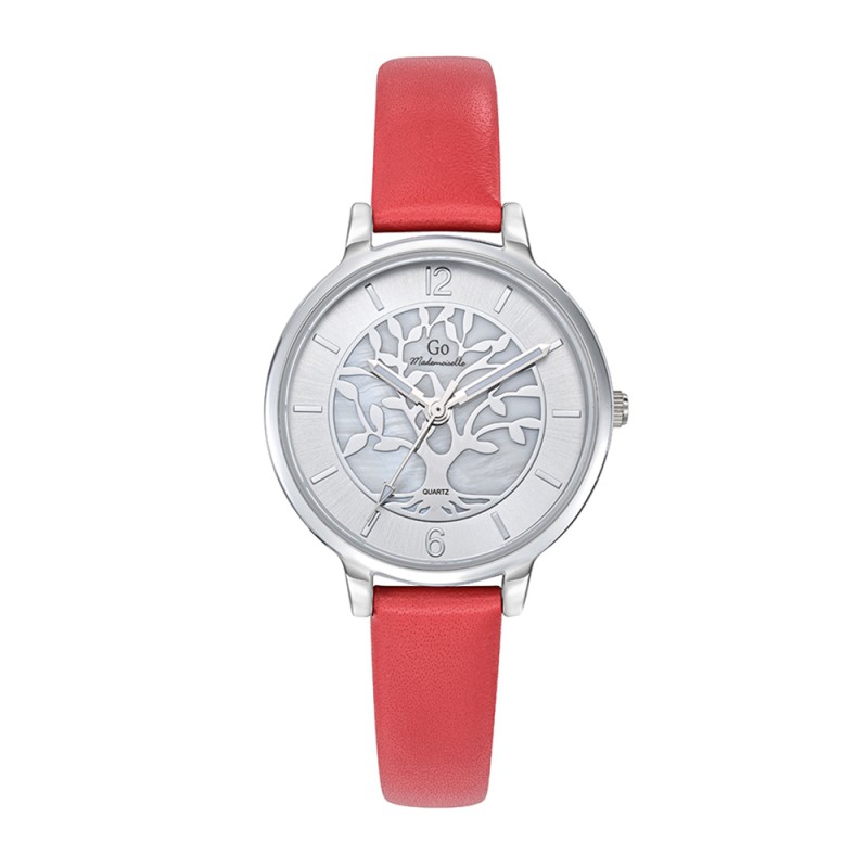MONTRE GO MADEMOISELLE BRACELET CUIR ROUGE CADRAN GRIS AVEC ARBRE DE VIE ARGENTE