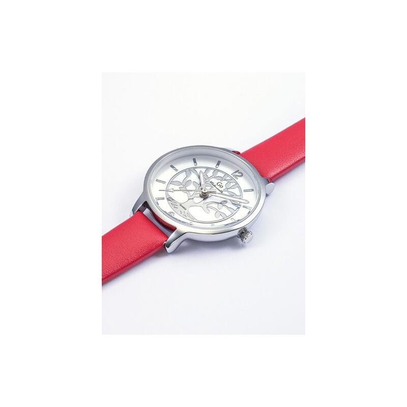 MONTRE GO MADEMOISELLE BRACELET CUIR ROUGE CADRAN GRIS AVEC ARBRE DE VIE ARGENTE