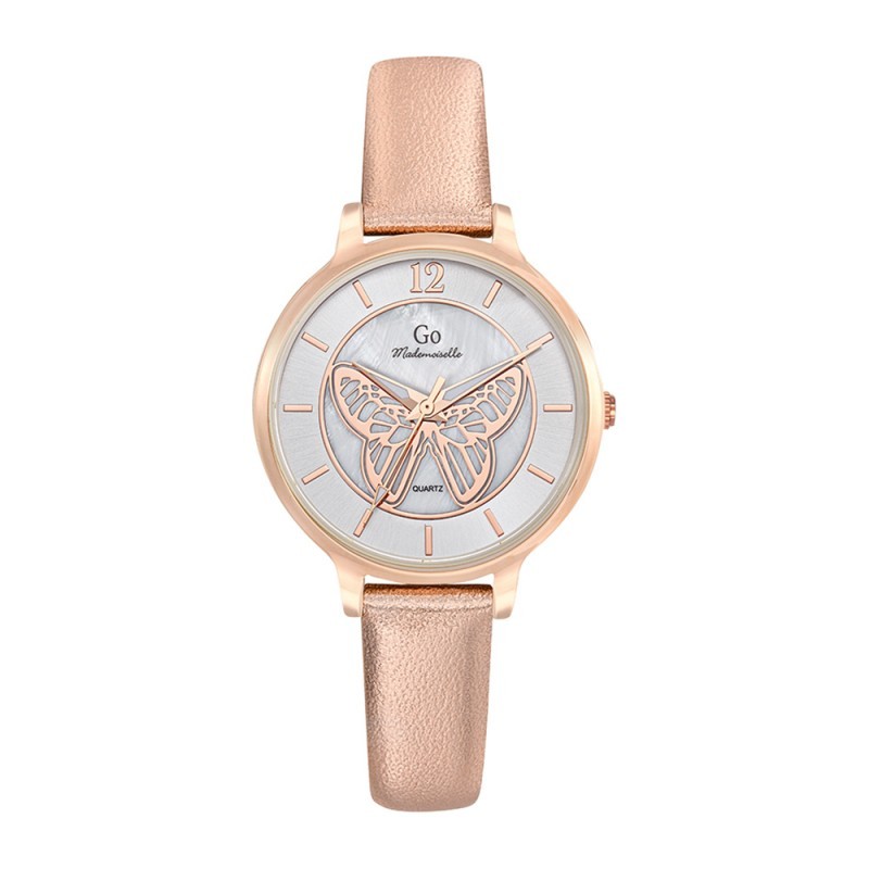 MONTRE GO MADEMOISELLE BRACELET CUIR ROSE BRILLANT BOITIER DORE ROSE CADRAN NACRE AVEC PAPILLON DORE ROSE