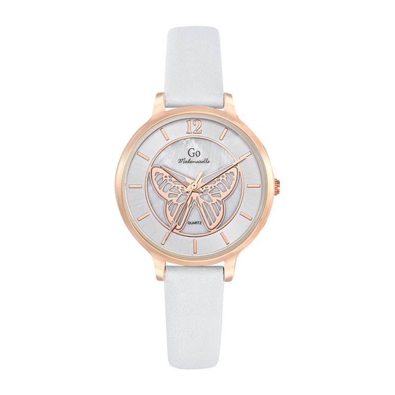 MONTRE GO MADEMOISELLE BRACELET CUIR BLANC BOITIER DORE ROSE CADRAN NACRE AVEC PAPILLON DORE ROSE