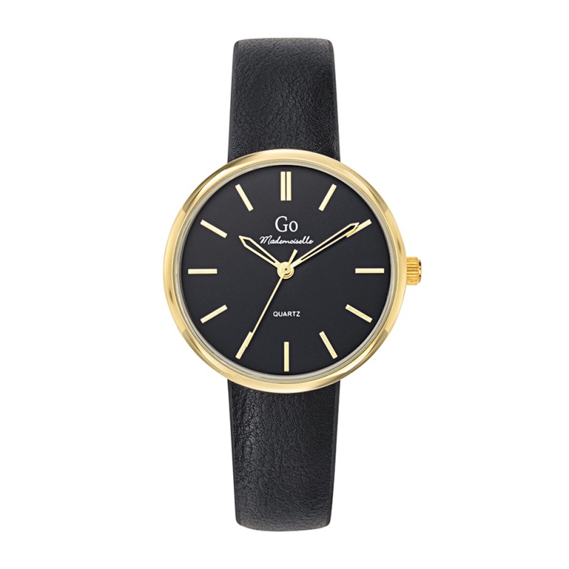 MONTRE GO MADEMOISELLE BRACELET CUIR NOIR BOITIER DORE CADRAN NOIR