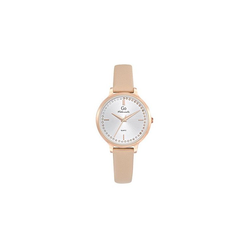 MONTRE GO MADEMOISELLE BRACELET CUIR BEIGE CADRAN ARGENTE AVEC STRASS ROSES