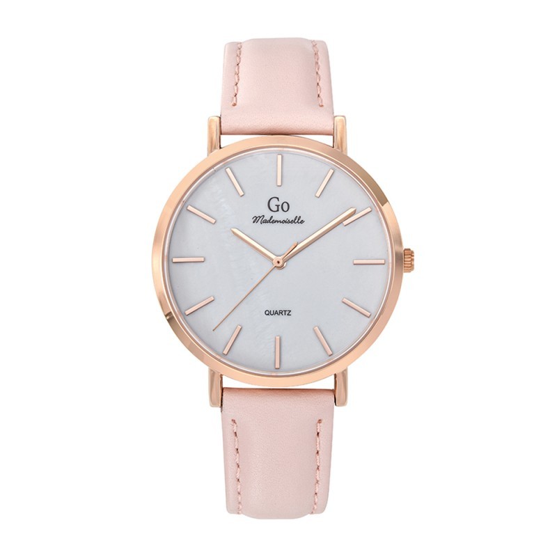 MONTRE GO MADEMOISELLE BRACELET CUIR ROSE AVEC SURPIQURES  BOITIER DORE ROSE CADRAN ARGENTE