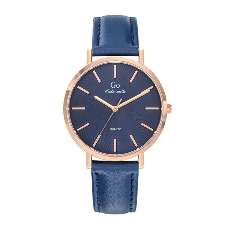MONTRE GO MADEMOISELLE BRACELET CUIR BLEU MARINE AVEC SURPIQURES  BOITIER DORE ROSE CADRAN BLEU NUIT