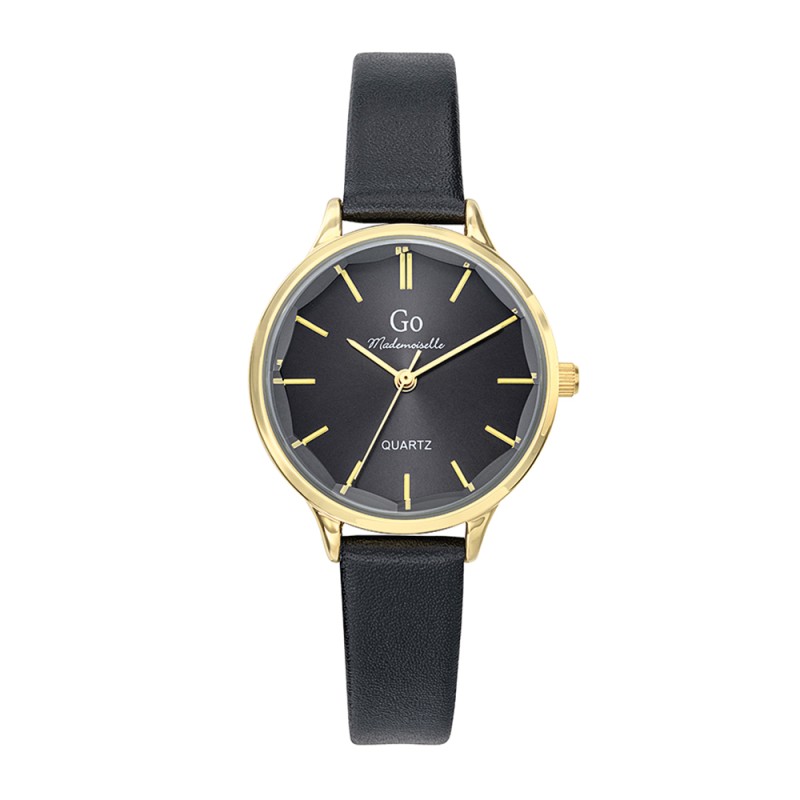 MONTRE GO MADEMOISELLE BRACELET CUIR NOIR BOITIER DORE CADRAN NOIR