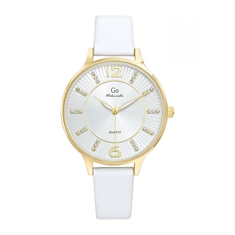 MONTRE GO MADEMOISELLE BRACELET CUIR BLANC  BOITIER DORE CADRAN BLANC AVEC INDEX STRASS