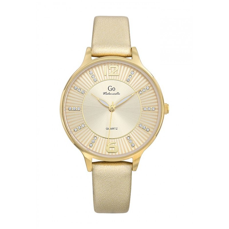 MONTRE GO MADEMOISELLE BRACELET CUIR DORE BOITIER DORE CADRAN DORE AVEC INDEX STRASS