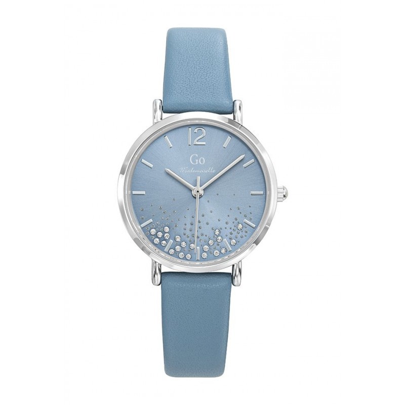 MONTRE GO MADEMOISELLE BRACELET CUIR BLEU  BOITIER ARGENTE CADRAN BLEU AVEC STRASS