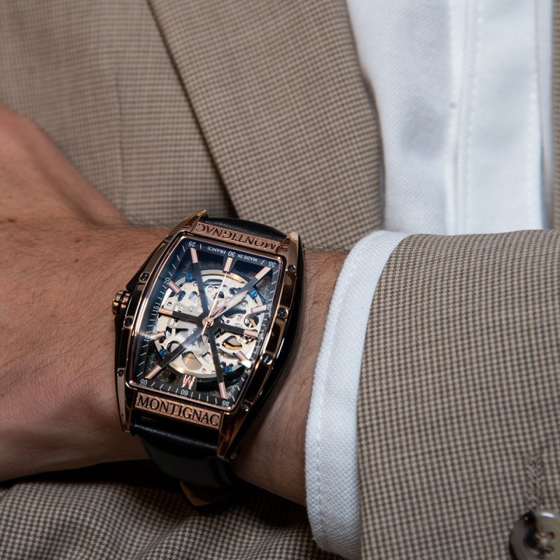 Montre Montignac automatique boitier tonneau bracelet en cuir noir