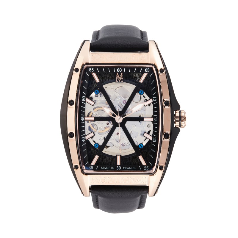 Montre Montignac automatique boitier tonneau bracelet en cuir noir