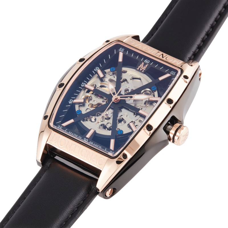 Montre Montignac automatique boitier tonneau bracelet en cuir noir
