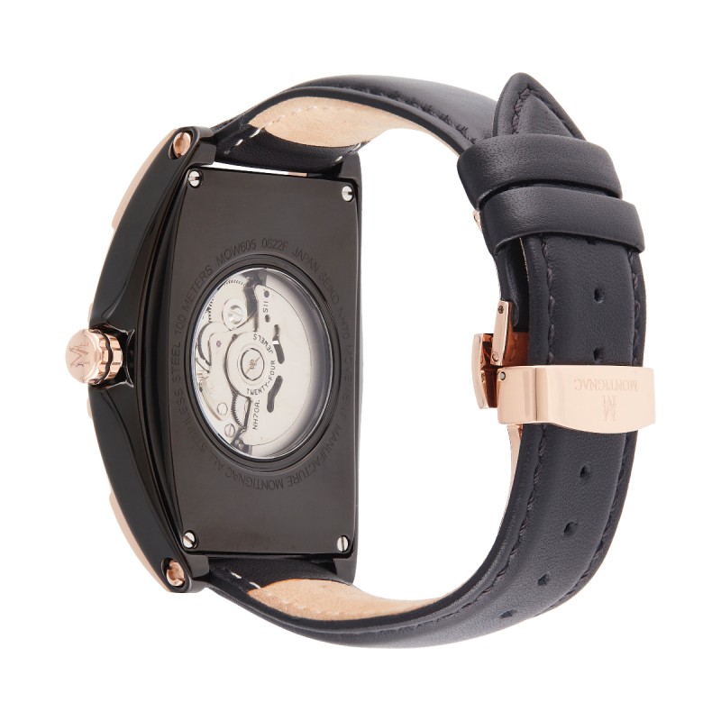 Montre Montignac automatique boitier tonneau bracelet en cuir noir