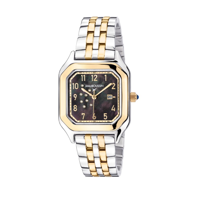 MONTRE FEMME MAUBOUSSIN BELO HORIZONTE CARRE CADRAN NACRE NOIRE EN ACIER BICOLORE