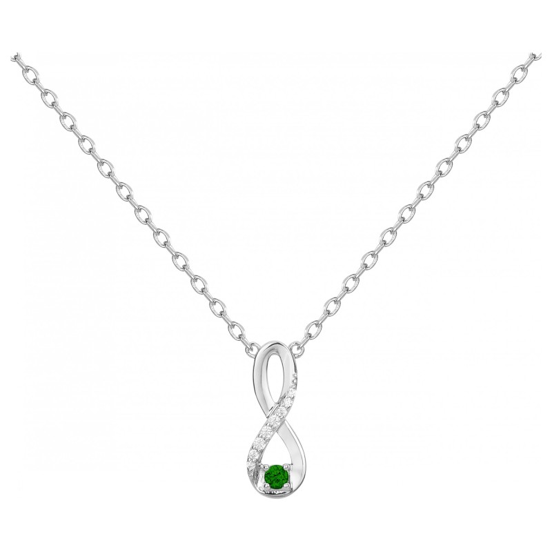 Collier fantaisie femme carador en argent avec oxydes  blancs et vert motif infini