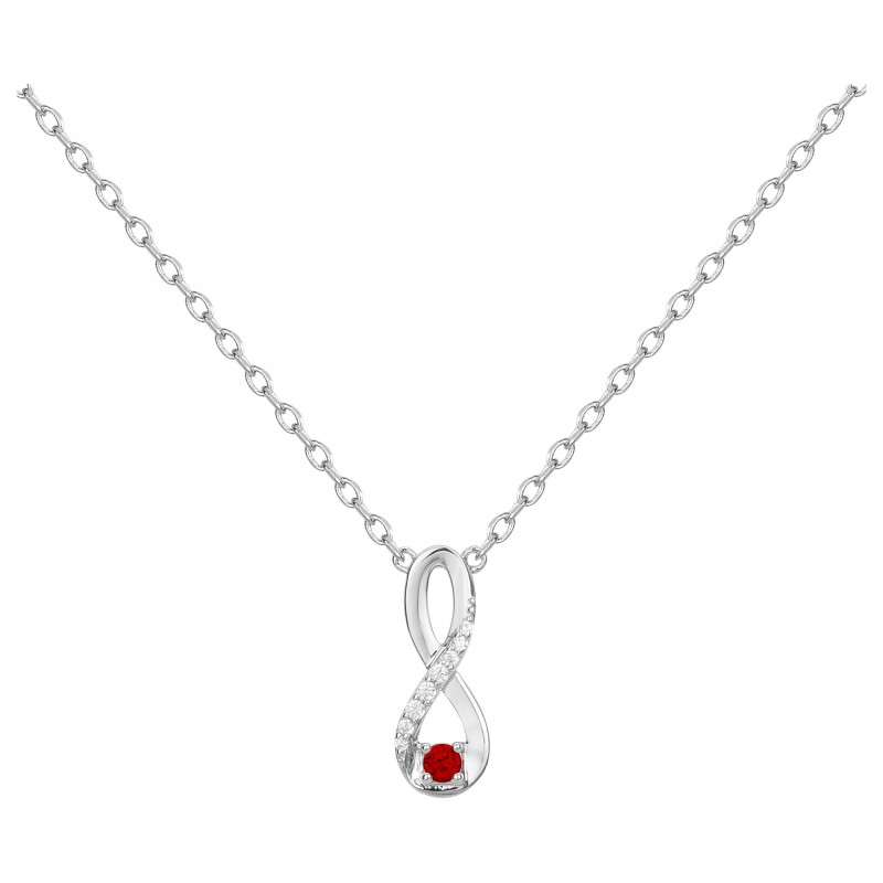 Collier fantaisie femme carador en argent avec oxydes  blancs et rouge motif infini