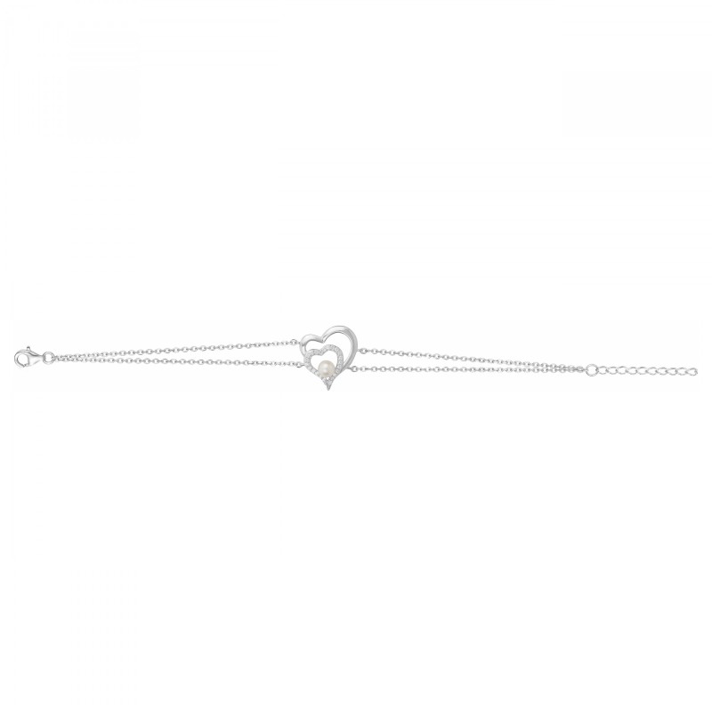 Bracelet femme fantaisie Carador en argent double chaînes et oxydes de zirconium et perle motif coeur entrelacés
