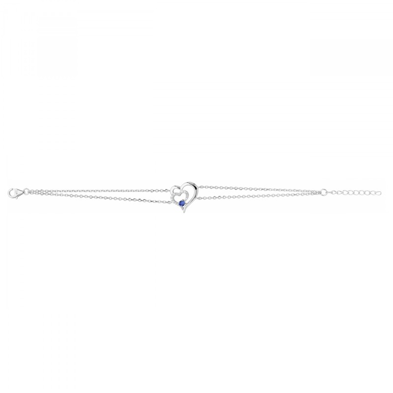 Bracelet femme fantaisie Carador double chaînes en argent  et spinelles bleu  et blanc motif coeurs entrelacés