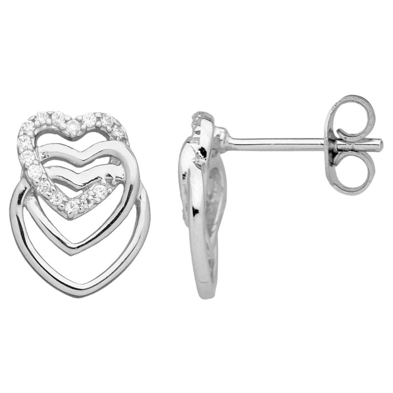 Boucles d'oreilles Clous Carador en argent  et oxydes de zirconium motif 3 coeurs entrelacés