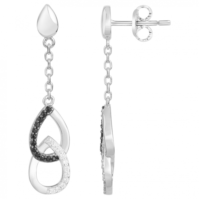 Boucles d'oreilles pendantes Carador en argent  et oxydes de zirconium blancs et noirs