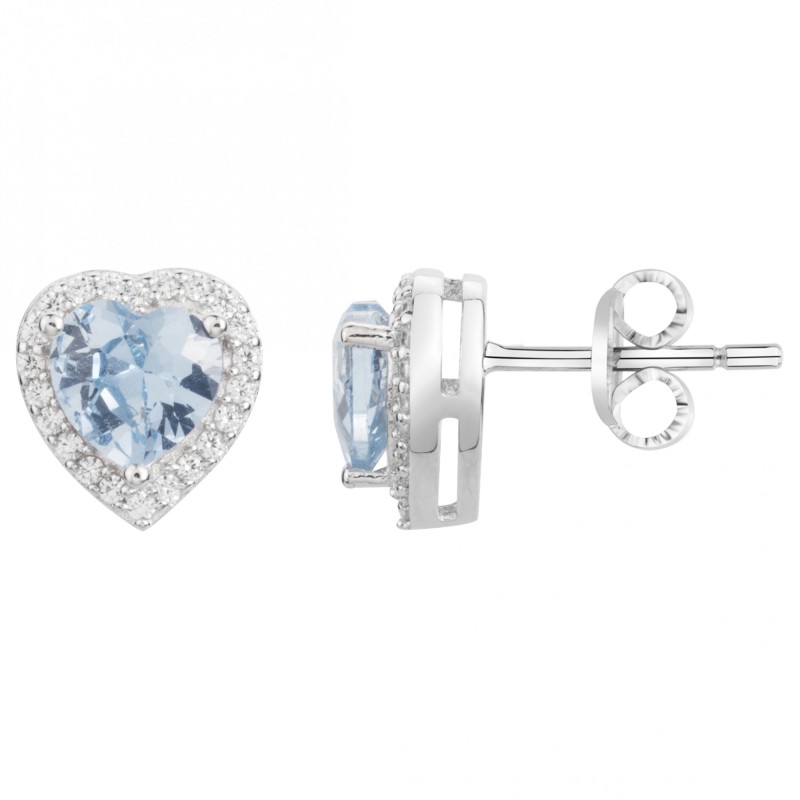 Boucles d'oreilles Clous Carador en argent  et oxydes de zirconium blanc et bleu motif coeur