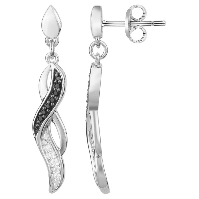 Boucles d'oreilles pendantes Carador en argent  et oxydes de zirconium blancs et noirs