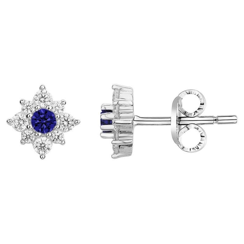 Boucles d'oreilles clous Carador en argent  et  oxydes de zirconium et spinelle bleue motif étoile