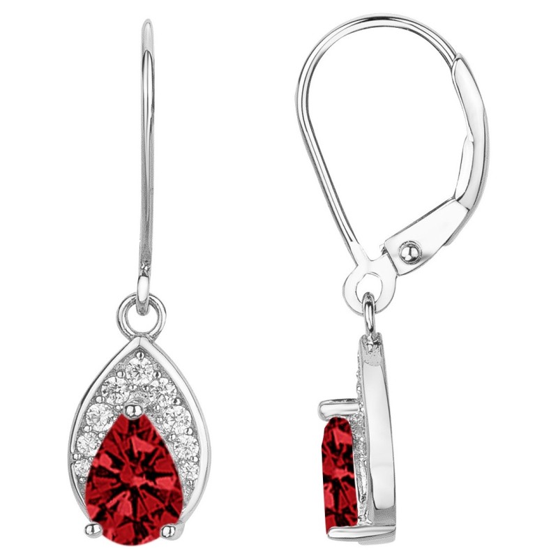 Boucles d'oreilles dormeuses Carador en argent  et  oxydes de zirconium et spinelle rouge sertie