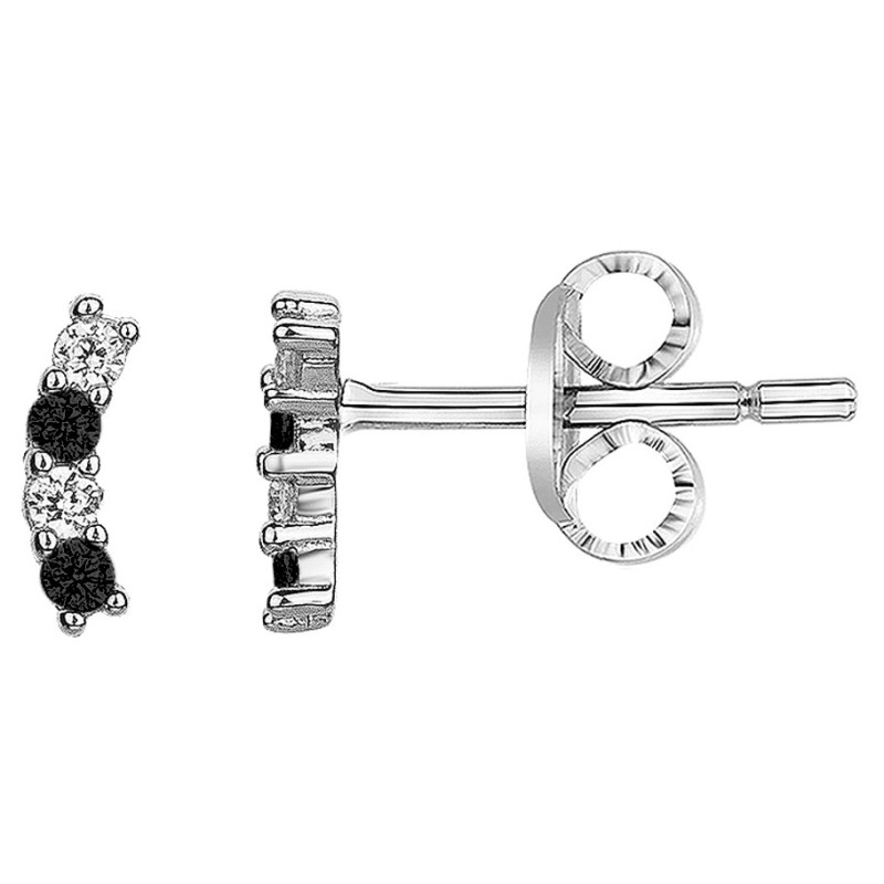 Boucles d'oreilles clous Carador en argent  et  oxydes de zirconium blancs et noirs intercalés forme barrette