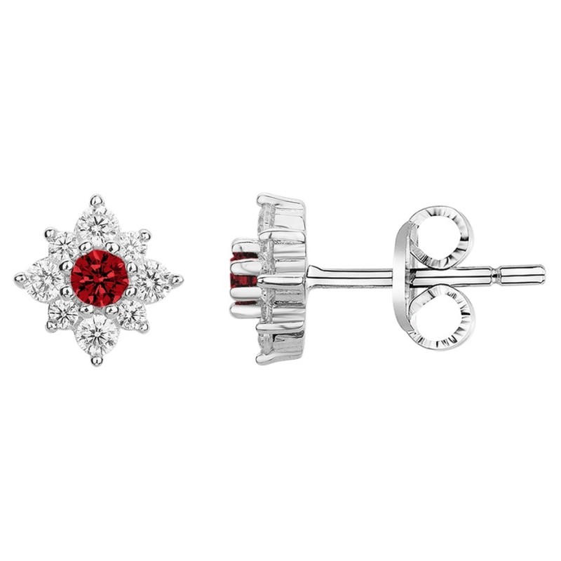 Boucles d'oreilles clous Carador en argent  et  oxydes de zirconium spinelle rouge forme étoile