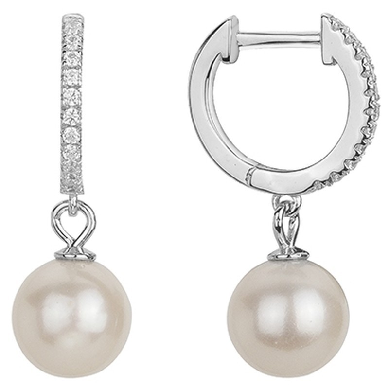 Boucles d'oreilles créoles Carador en argent  oxydes de zirconium et  pampille perle d'eau douce