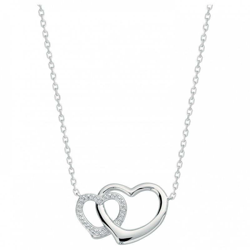 Collier fantaisie femme carador en argent avec oxydes de zirconium motif cœurs entrelacés un lisse et un serti