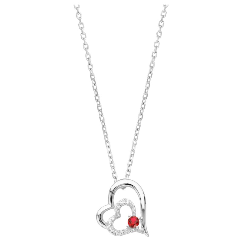 Collier fantaisie femme carador en  argent avec oxyde blanc et rouge motif cœurs entrelacés