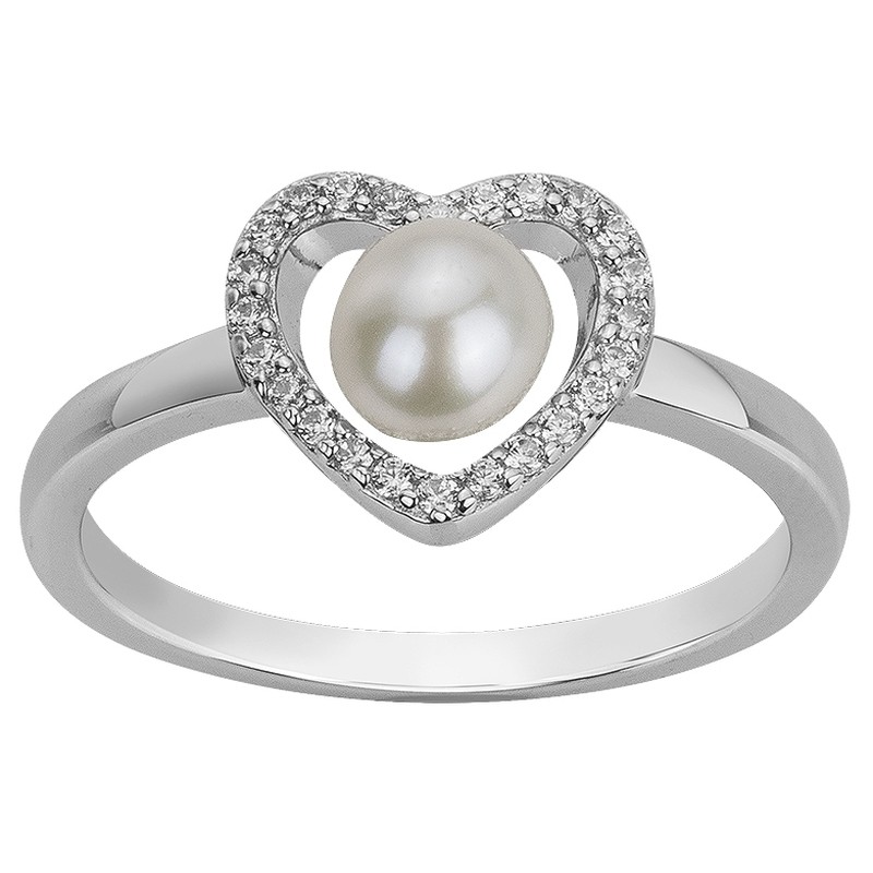 Bague Femme Carador en argent avec oxydes de zirconium et perle d'eau douce motif cœur