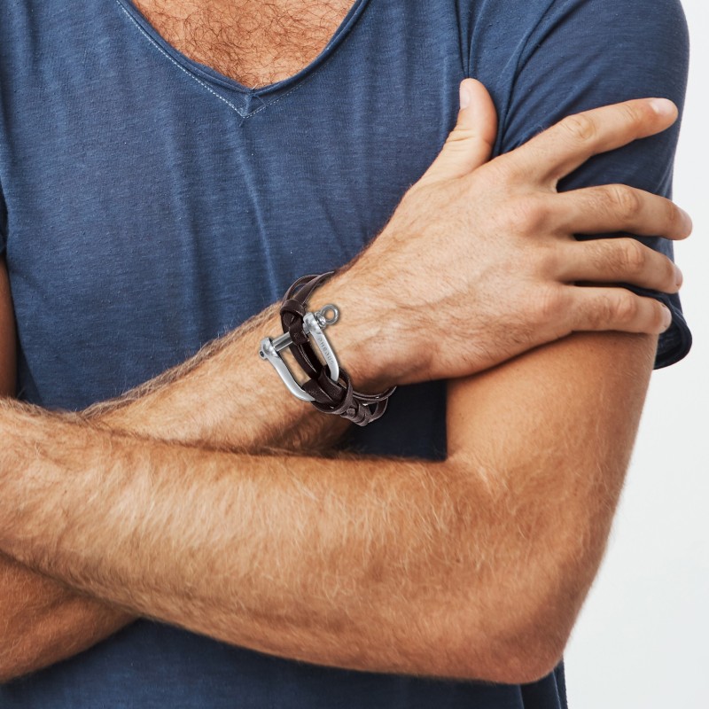 Bracelet Homme Phebus Acier argenté et  Cuir marron